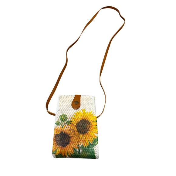 Unbranded Handbags - White Woven Rattan Sunflower Crossbody Bag Brown Strap Phone Purse Bali Style